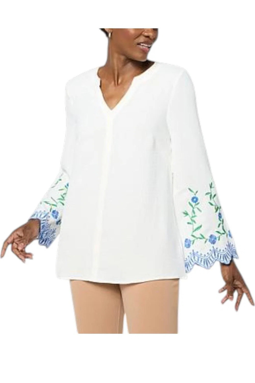 Nina Leonard Women's Textured Wave Knit Embroidered Bell-Slv Top White - Regular